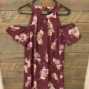 Purple Floral Shoulder Cutout Dress